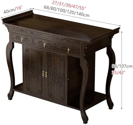 Solid Wood Personal Shrine Altar Table & Cabinet, Chinese Sleek Metal Design, Prayer Table for Living Room & Temples (66x40x88cm/27x16x35)