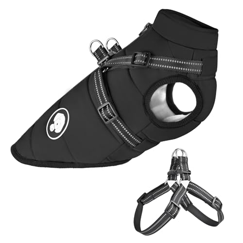 Hundejacke mit Geschirr, Wasserdichter Warmer Hund Wintermantel für Kleine Mittel Große Hunde, Hundemantel für Labrador Chihuahua Französische Bulldogge