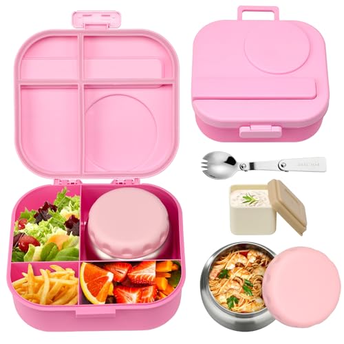Aimsnk Bento Lunch Box for Kids with 12oz Soup Thermo,4 Compartments Lunch Box Containers Kids, Includes Foldable Spoon &Sauce Jar, BPA Free&Leak proof,Insulated Food Jar for Travel,School,Picnic