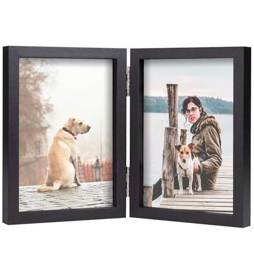 FOREV 3.5x5 Double Picture Frame Black Wooden Hinged Photo Frame