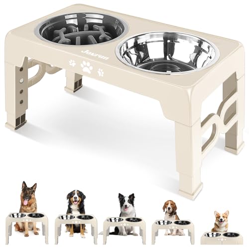 Elevated Dog Bowls, Dog Feeder with Stainless Steel Dishes & Slow Feeder Bowl, 5 Heights Adjustable Raised Stand for Medium Large, Food Dishes with Non-Slip Feet