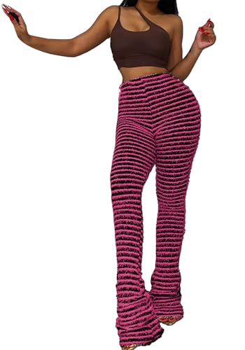 Wcuvbv Stacked Pants for Women Fuzzy Striped High Waist Patchwork Bodycon Bell Bottoms Sweatpants Pink L - image 4