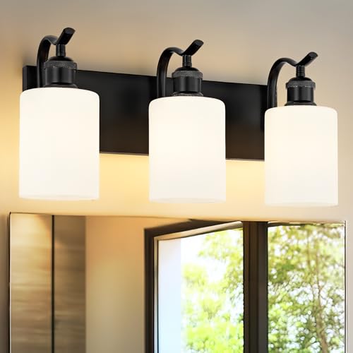Image of Black Vanity Light, 3-Light Bathroom Light Fixture, Modern Wall Sconce with Milk Glass, VL01BKW-3