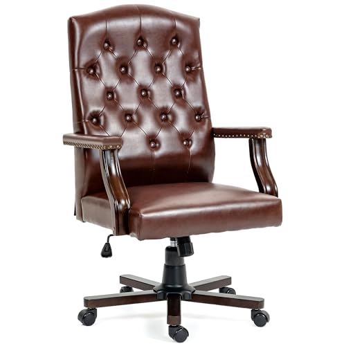 ECOTOUGE Executive Office Chair, High Back Computer Chair with Upholstered Backrest Vinage Farmhouse Retro Style, Faux Leather Wing Back Swivel Boss Home Chair, Brown