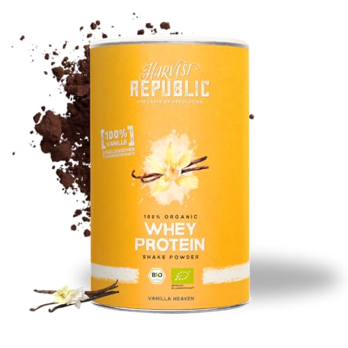 HARVEST REPUBLIC Bio Whey Protein Pulver Vanille | 320 g Eiweiß Proteinpulver aus Molke | Molkenproteine für Muskelaufbau | bis zu 22 g Protein pro Portion | Bio Proteinpulver ohne Zusatzstoffe