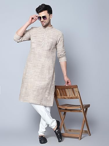 Image of LATEST CHIKAN Men's Cotton Regular Textured Long Kurta Full Sleeves - Casual Ethnic Wear