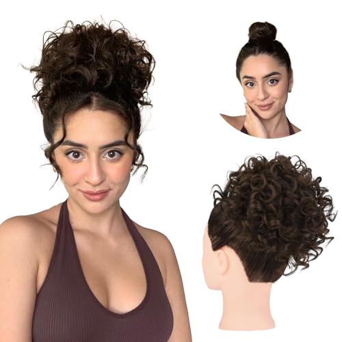 HOOJIH Curly Messy Hair Bun Hair Piece Elastic Drawstring Loose Wave Large Curly Bun Short Synthetic Ponytail Extension for Women Wedding Daily Use - Dark Chocolate Brown
