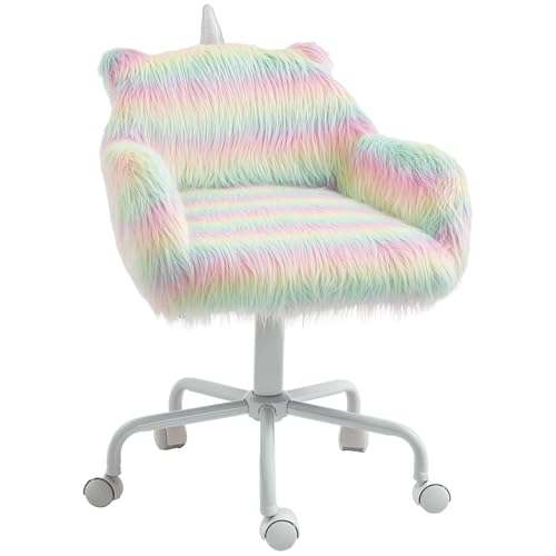 Image of HOMCOM Fluffy Unicorn Office Chair, Mid-Back Support, Rainbow | with Armrest Support, 5 Star Swivel Wheel, White Base