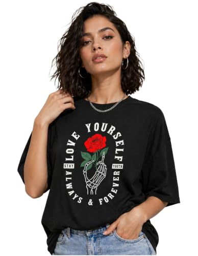 Image of London Hills Oversized Tshirt for Woman | t Shirt for Woman Oversized Fit Printed Round Neck | Tops for Woman's | Women t Shirt Loose Fit Drop Shoulder | t Shirts for Women | Western Tops