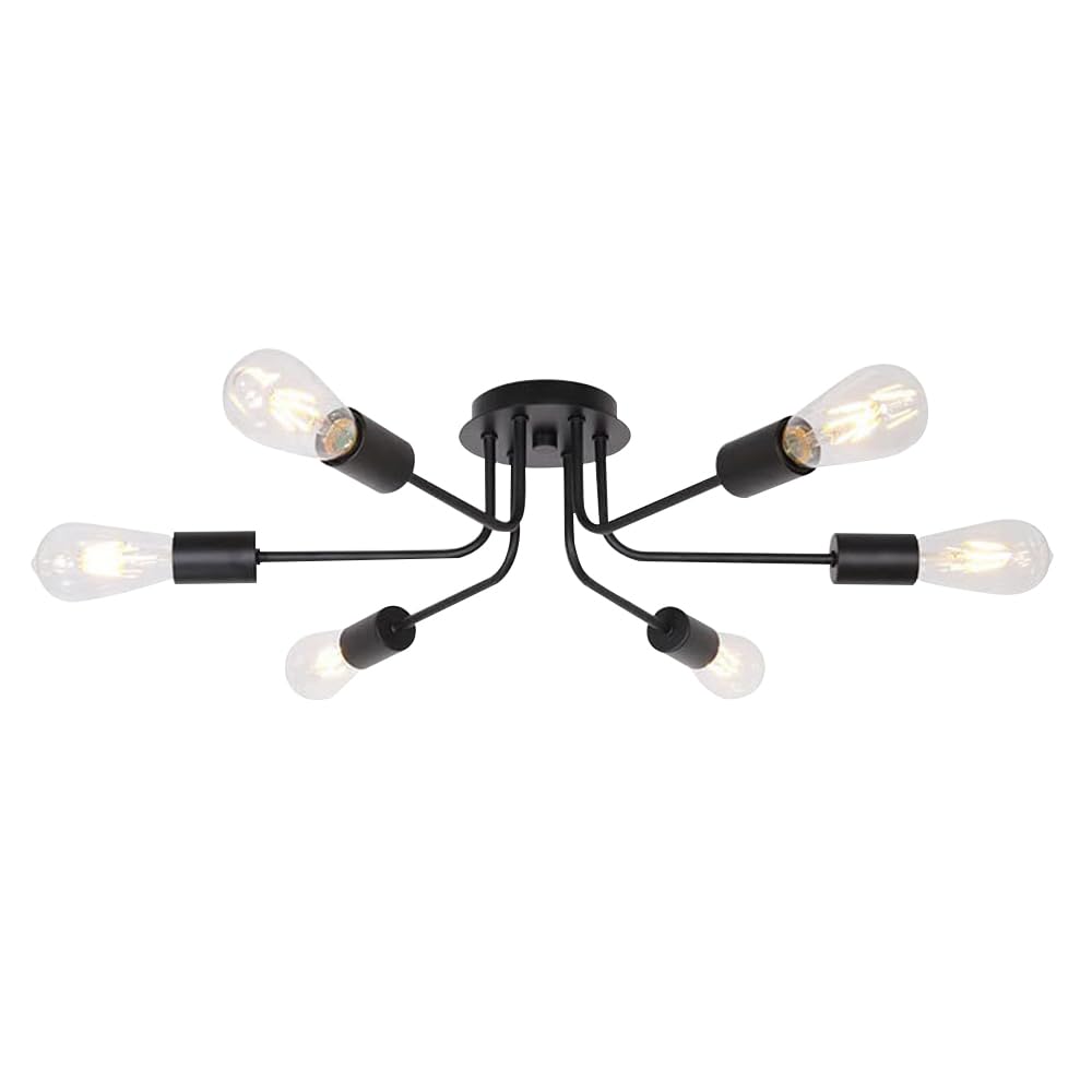 Vintage Ceiling Light, Industrial Semi Flush Mount Ceiling Light, Modern Chandelier Ceiling Light for Living Room, Bedroom, Kitchen, Dining (Black 6-Heads)