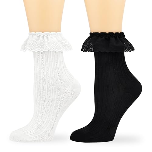 VIBCICY Ruffle Lace Crew Socks, Casual Soft Comfortable Frilly Socks, Lolita Princess Accessory Ankle Socks for Women 2 Packs (Black + White)