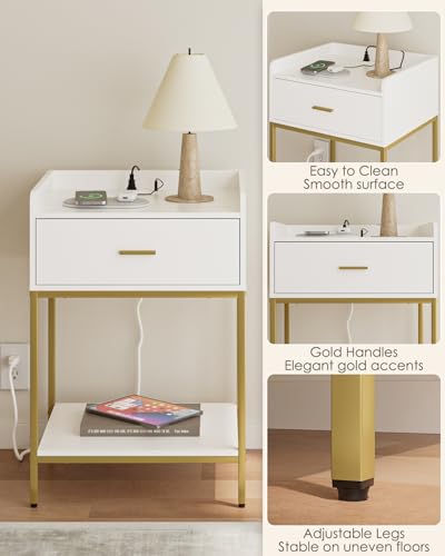 Image of Masupu Nightstand with Charging Station, 3-Tier Modern Bedside Night Stand with Storage Drawer and Shelf, Large End Side Table for Bedroom, Living Room,White