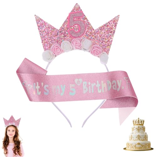 Geburtstagskrone,Mädchen Krone Geburtstag 5 Jahre mit Geburtstagsgürtel,Geburtstagsdeko,Geburtstagskrone Mädchen,HaarbäNder mit Rose Blumen,Haarreif,Geburtstagsdekoration für Birthday Dekoratione