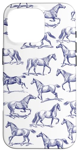 Blaues Vintage-Pferd-Zeichenmuster Hülle für iPhone 16 Pro