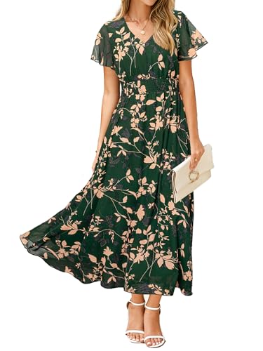 Image of Simplee Womens Floral Maxi Dress - Short Sleeve Summer Boho Wedding Guest Dress Empire Waist Chiffon Modest Midi Dresses