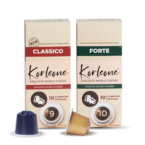 KORLEONE EXQUISITE WORLD COFFEE Forte & Classico Aluminium Nespresso Compatible Coffee Pods 20 Capsules Pack of 2 Intentensity 10/9 Medium to Dark Roast Level,130 G