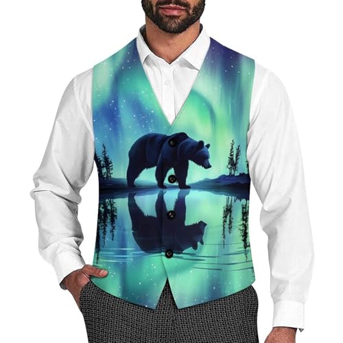 Bear Northern Lights Print Men's Suit Vests Dress Vest V-Neck Waistcoat Slim Business Formal with Pocket