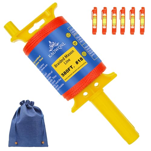KAOWQNL #18 Braided Mason Line String 580FT Nylon Twine with Handle Construction String Professional String Line Level Tool Kit with 6 Built in Levels & Storage Bag