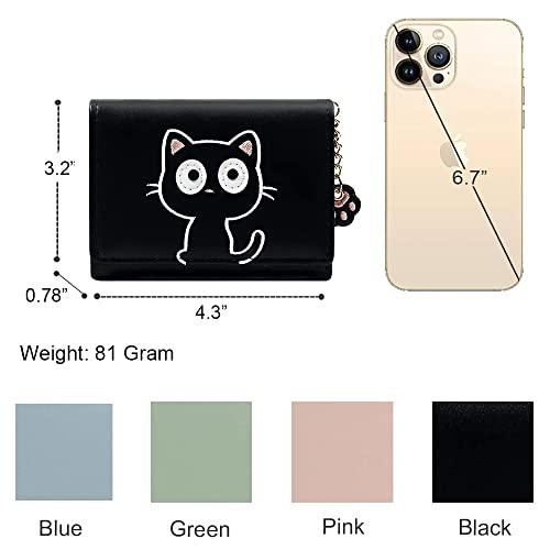 Sunwel Fashion Cute Little Cat Pattern Small Wallet Credit Card Holder Cash Pockets ID Window with Paw Pendant (BLACK, Tri-fold)4