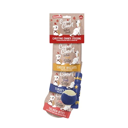 Rosewood Cupid & Comet Weihnachts-Strumpf für Hunde – Festliche Leckerlis & 2 Spielzeuge – Weihnachtliches Geschenkset für glückliche Vierbeiner