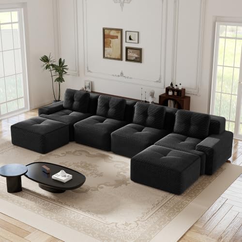 Image of 153 inch U-Shaped 4-Seater Modular Boneless Couch with 2 Ottomans, Premium Corduroy Upholstery, Deep Seat Cloud sectional Sofa, No Assembly Anti-Slip Design, Black