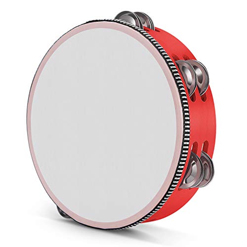 Flexzion Wood Handheld Tambourine For Kids And Adults 8-Inch Double Row 8-Pair Jingles (Red) - Percussion Round Tamborines Musical Instrument With Metal Zills #TOP21