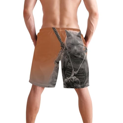 Men's Swim Trunks Cat Samurai Print, Quick Dry Beach Board Shorts with Lining-S2