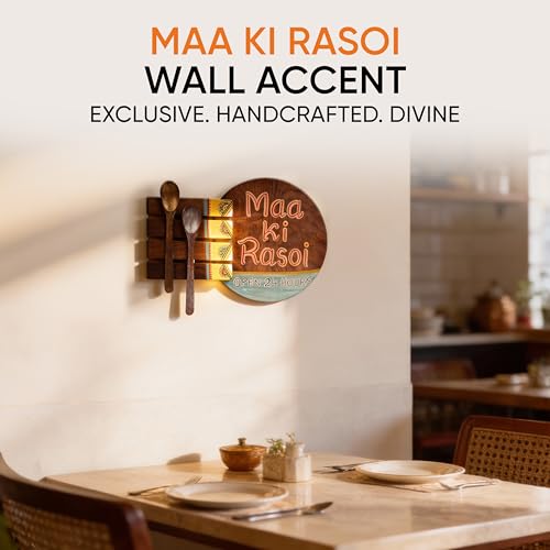 Image of AAKRITI ART CREATIONS Kitchen Decor Maa ki Rasoi Handcrafted in Wood, Floral Art Wooden Wall Hanging Panel Set of 1 Natural Brown | Matte Finish Wooden | Home Decor for Kitchen, Dining Area