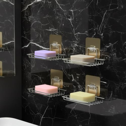 Image of Stainless Steel Soap Holder for Bathroom Stickable | Single Layer Wall Mounted Soap Dish Holder | Self Adhesive No Drill Waterproof Soap Tray | Bathroom Accessories (Set of 4)