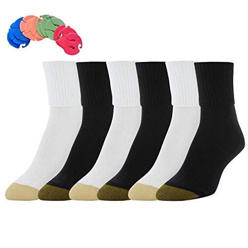 Gold Toe Women's 6 Pack Turn Cuff Socks / 6 Free Sock Clips Included ($5 Value) (3 Black / 3 White)