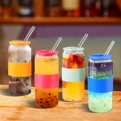 Vozoka 20Oz Glass Tumbler With Silicone Lids And Sleeve, Iced Coffee Cup Reusable, Travel Water Bottle, Wide Mouth Smoothie Cups, Soda Can Shaped, Hot Tea (Sky Blue) #TOP5
