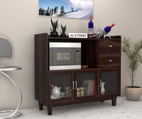 Image of Wood Kitchen Crockery Cabinet with Glass Door | Wooden Sideboard Cabinets Living Room | Crockery Unit, Dining Room Furniture, Chest of Drawers, Walnut Finish