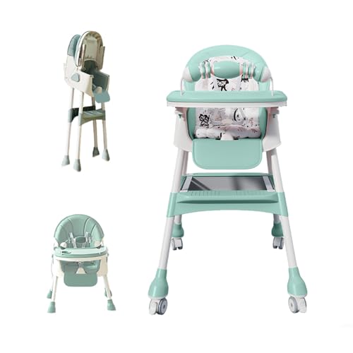 Image of Foldable 4-in-1 Baby High Chair for Babies & Toddlers, High Chair with Detachable PU Cushion, Removable Tray, Adjustable Height, Locking Wheels,Mint Green