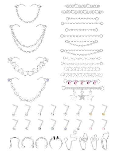 20G Nose Rings Studs with Chains African Nose Ring Cuff Horseshoe Septum Rings Stainless Steel Star Heart Nose Ring Chain Piercing Jewelry Set for Women Men