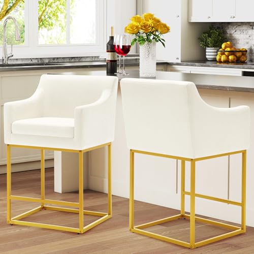 Image of WorthFurni 26 inch Counter Height Bar Stools Set of 2, Modern Counter Stools with Back, Linen Upholstered Barrel Barstools with Gold Metal Frames for Kitchen Island, Home Bar