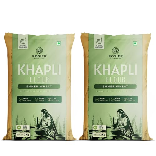 Image of ROSIER khapli atta, Khapli Wheat Flour | (2KG (Pack of 2) | High Protein & Fiber | Easy Digestion | Stoneground Emmer Wheat | Low Gluten Ancient Grain | Atta | 100% Natural | (Khapli Wheat Atta)