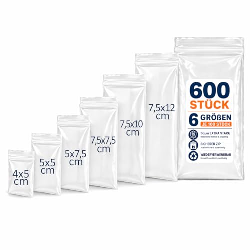 600 Stück Zip Beutel - Druckverschlussbeutel Set 6 Größen (4×5–7,5×12 cm) Zipper Beutel Klein Transparent 50µm Stark Wiederverschließbar Sortierbeutel für Schrauben & Kleinteile Plastikbeutel Baggies