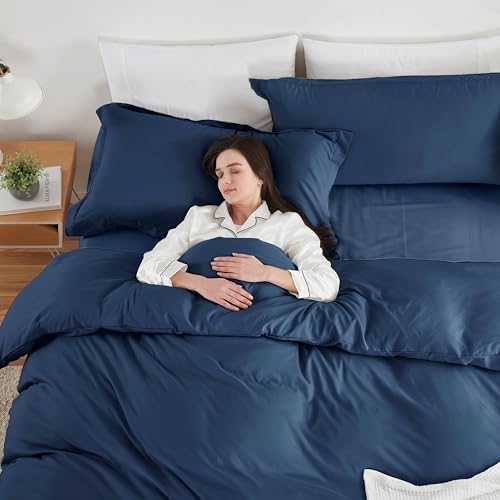 Image of Hearth & Harbor Navy Blue Duvet Cover with Fitted Sheet King Size | 4 Piece Soft Double Brushed Bedding Set, Button Closure, 1 Duvet Cover 104x90 Inches, 1 Fitted Sheet, 2 Pillow Shams