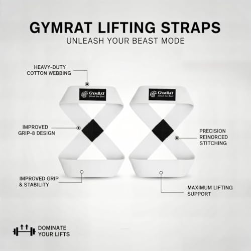 Image of GYMRAT Figure 8 Lifting Straps For Deadlift, Powerlifting, Strongman, & Cross Training Strong Weightlifting Wrist Straps For Men, Women (WHITE, FIGURE 8 LIFTING STRAPS)