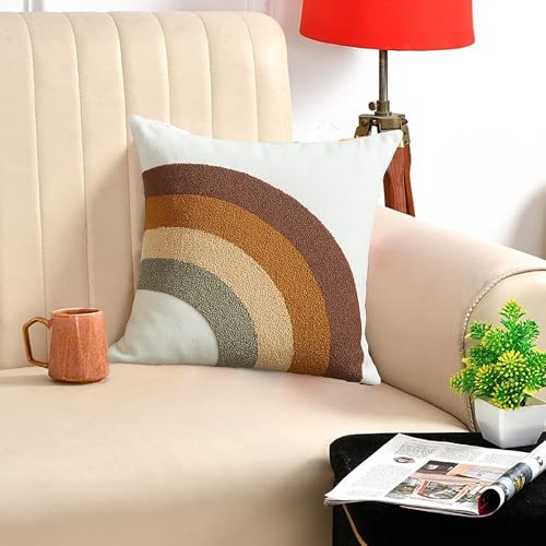 Image of Tarantaran Tufted Decorative Throw Pillow Cover, Blue and White Geometric Pattern with Tassels, 40.6 x 40.6 cm, Modern Square Pack of 2 (Brown Rainbow)