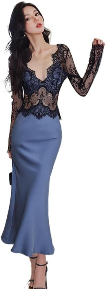 Korean Temperament lace Long Sleeve ​​Satin Slim Hip Fish Dress for Women