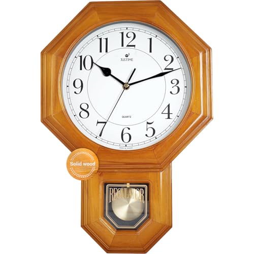 JUSTIME Traditional Schoolhouse Solid Wood Pendulum Wall Clock Chimes Hourly with Westminster Melody Chime (Natural Wood w/Westminster Chime) Made in Taiwan