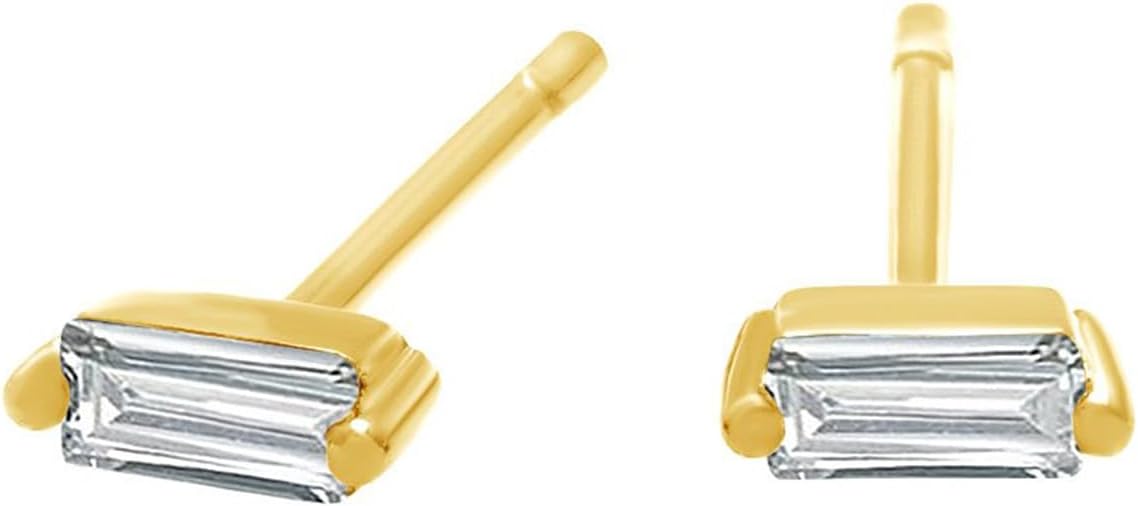 Baguette Stud Earrings for Women White Cubic Zirconia, Moissanite or Lab Grown Diamond Solitaire Studs Push Back Earring in 14K Gold Plated 925 Sterling Silver Dainty Jewelry Gift for Her