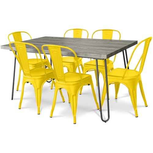 Iconik Interior Tolix Style Pack Table à Manger - Design Industriel 150cm + Pack de 6 chaises à Manger - Design Industriel - Hairpin Stylix Jaune