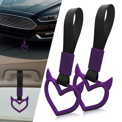 Image of 2 Pcs Devil Heart Shaped Car Handle Strap - Drift Charm Rear Bumper Warning Ring Decor for Car Interior Exterior, Subway Bus Handle Accessory, Cute Heart Car Decor Gift for Drivers (Purple)