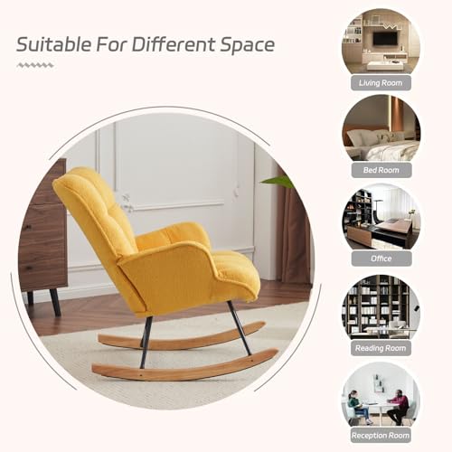 Image of SAETSFEG Rocking Chair Nursery Teddy Upholstered Glider Rocker Rocking Accent Chair Padded Seat with High Backrest Armchair Comfy Side Chair for Living Room Bedroom Offices (Golden Yellow Teddy)
