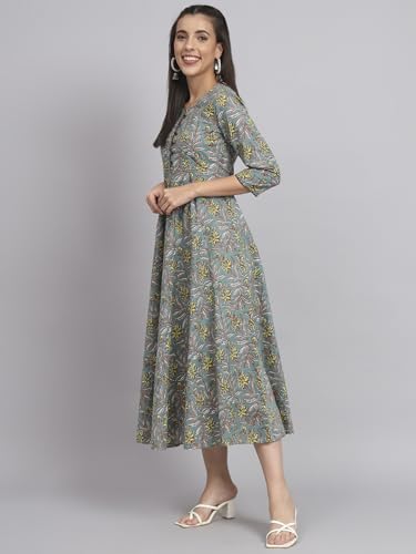 Image of Rapsodia Womens Cotton Green & Brown Floral Printed Flared Kurta
