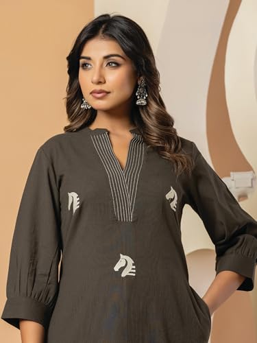 Image of INDO ERA Women's's Pure Cotton Embroidered Kurta Women | Floral Neck & Hem Embroidery | Cotton Kurta Women |