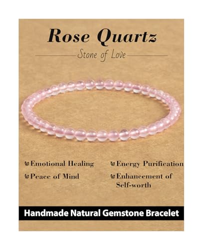 Landorilo Beaded Bracelet for Men Women 4mm Natural Stone Rose Quartz Healing Crystal Stretch Bracelets Ideal Christmas Birthday Jewelry Gifts with Energy CardReplacement Beads Included