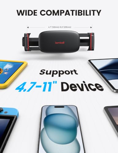Image of Lamicall Car Headrest Tablet Holder - 3 in 1 Extension Arm Tablet Car Mount | Road Trip Essentials for Kids, for 4.7-11 inch Devices, for iPad Pro Air Mini, Galaxy, Fire HD, Red